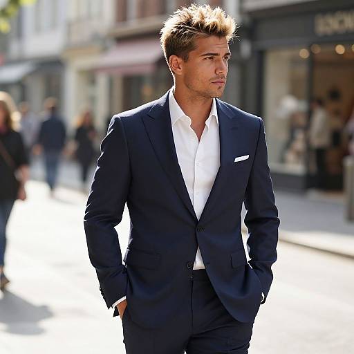 Stylish Young Man in Navy Blue Suit Walking in City Street