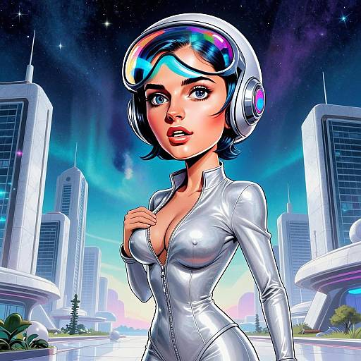 Futuristic Woman in Metallic Spacesuit Amid Sci-Fi Cityscape Digital Art