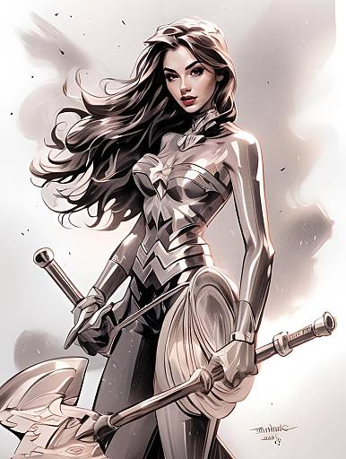 Futuristic Female Warrior in Metallic Armor Holding Battle Axe and Shield Digital Illustration
