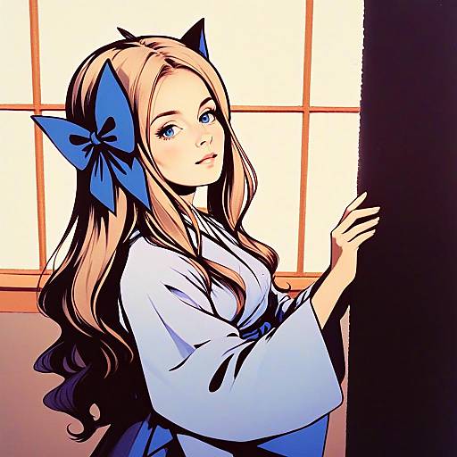 Anime Illustration of Woman in Kimono with Blue Bow by Asakaze Kancolle