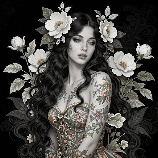 Digital Portrait of Tattooed Woman with Floral Adornments