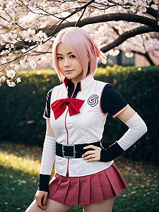Realistic Sakura Haruno Cosplay Woman in Cherry Blossom Setting