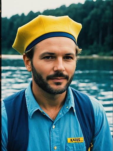 Man in Yellow Beret and Blue Shirt by Water - Life Aquatic Style Portrait