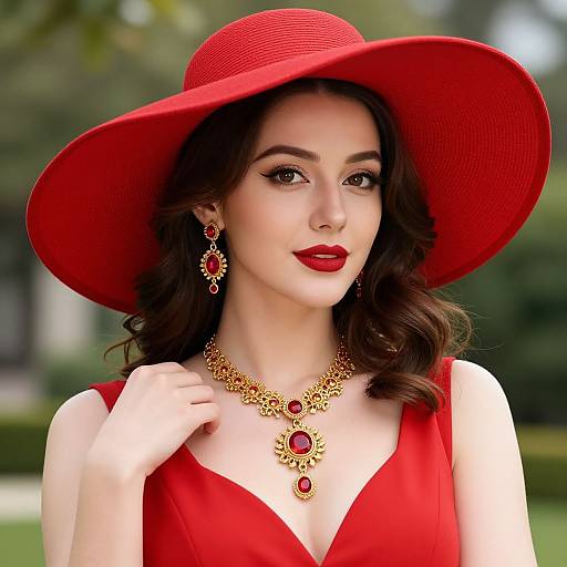 Elegant Woman in Red Hat and Gold Jewelry Portrait