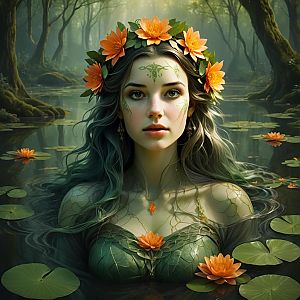 Mystical Woman with Orange Water Lilies in Enchanted Forest Swamp