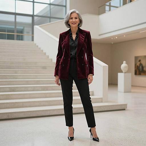 Elegant Mature Woman in Burgundy Velvet Blazer and Black Tailored Pants