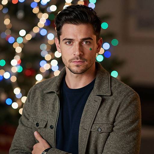Portrait of Young Man with Holiday Lights and Green Sticker on Cheek
