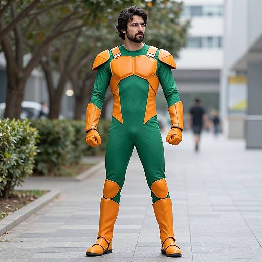 Man in Green and Orange Superhero Costume Standing Outdoors in Urban Setting