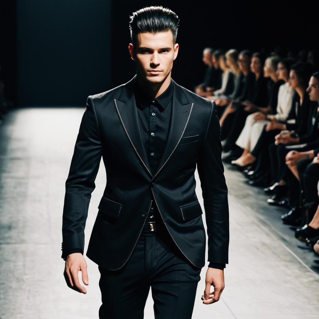 Male Model in Sleek Black Suit Walking Fashion Runway Show