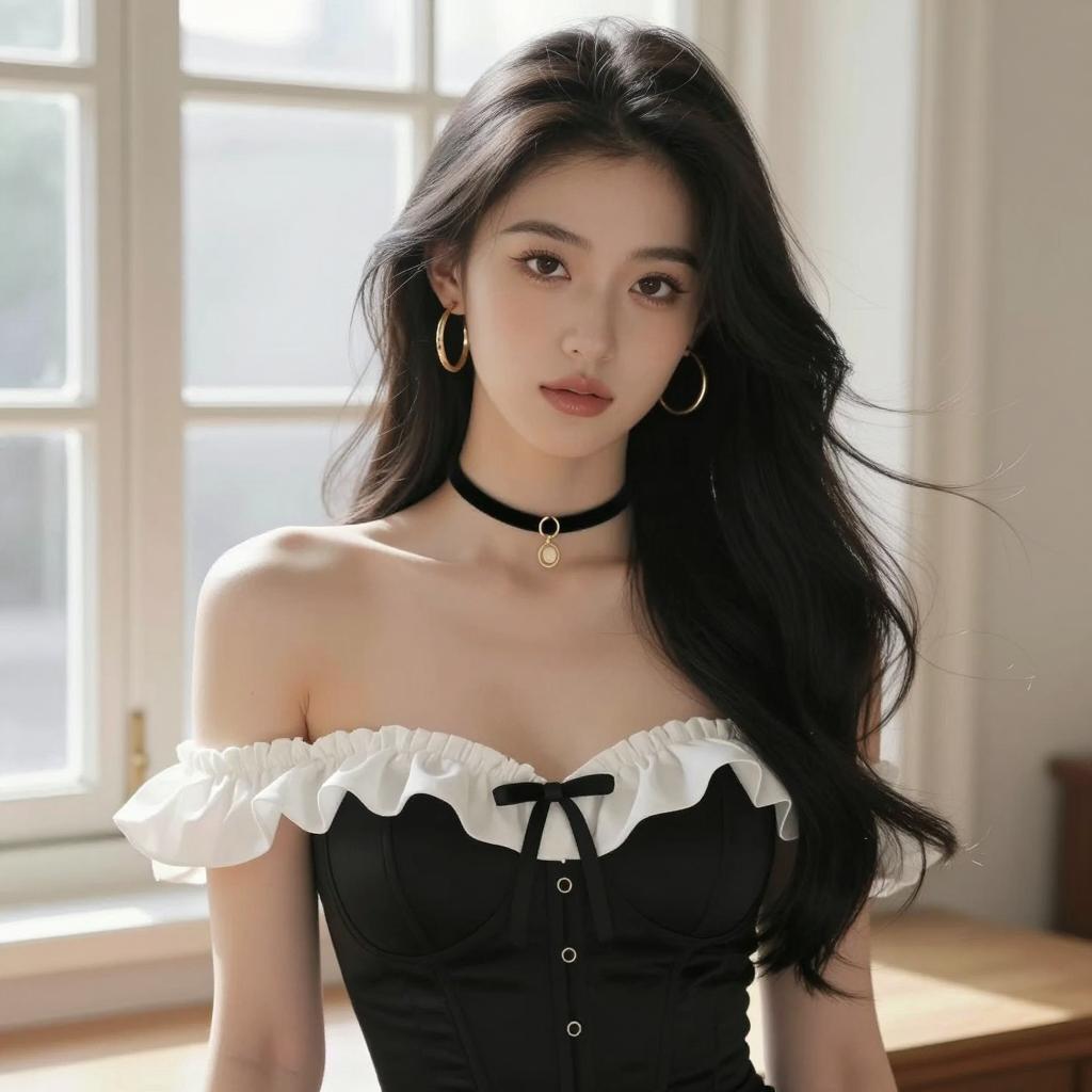 Elegant Gen Z Woman in Black Off-Shoulder Dress with Ruffles