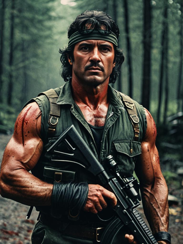 Photorealistic Cinematic Portrait of Man in Rambo First Blood Costume