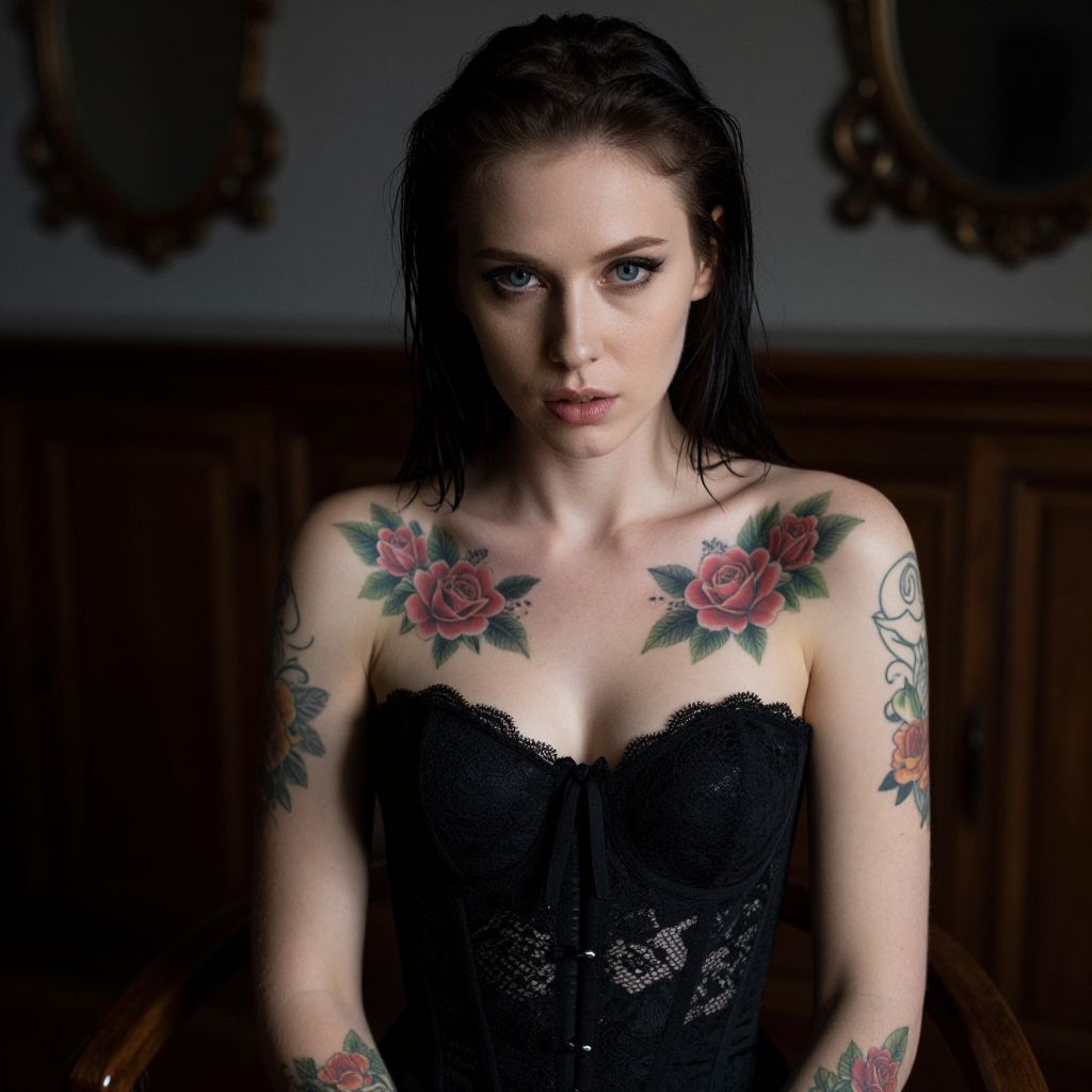Portrait of Woman with Rose Tattoos in Black Lace Corset