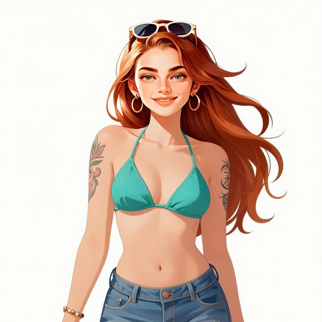 Gen Z Woman in Turquoise Bikini and Denim Shorts Digital Illustration