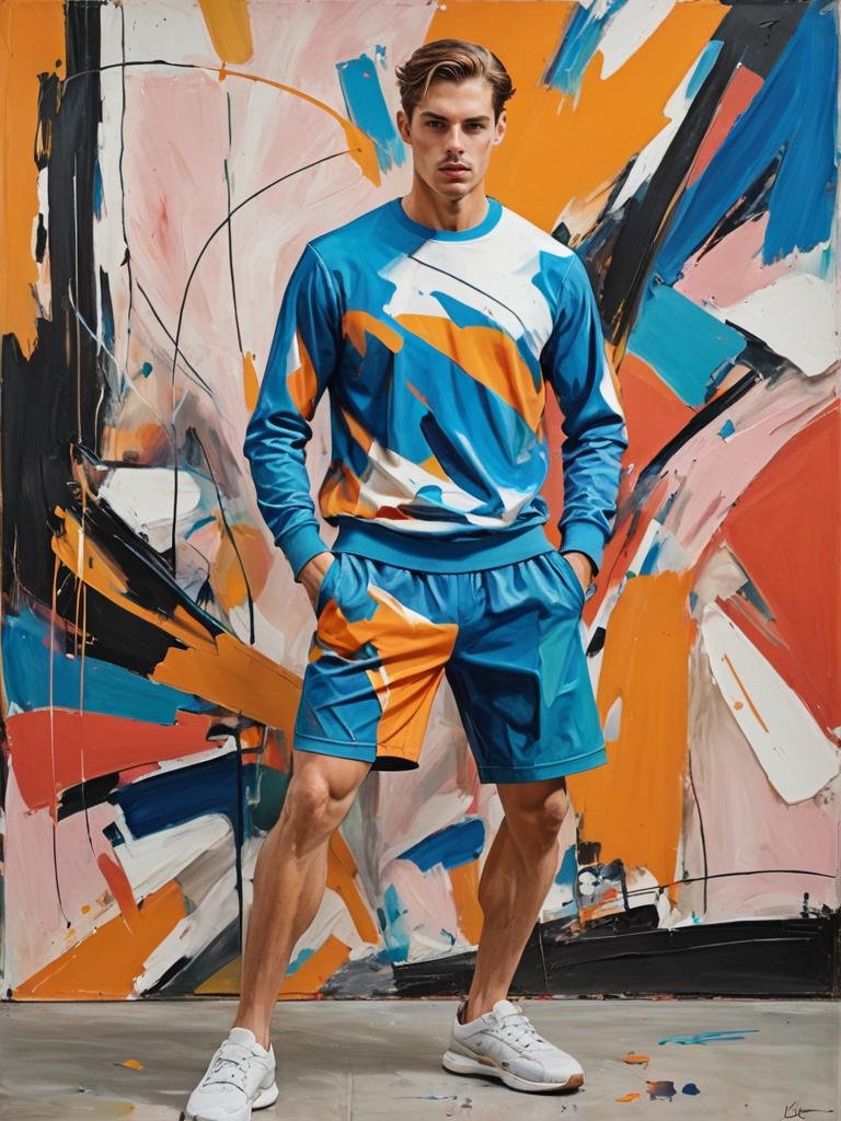 Stylish man in colorful sportswear with abstract painting