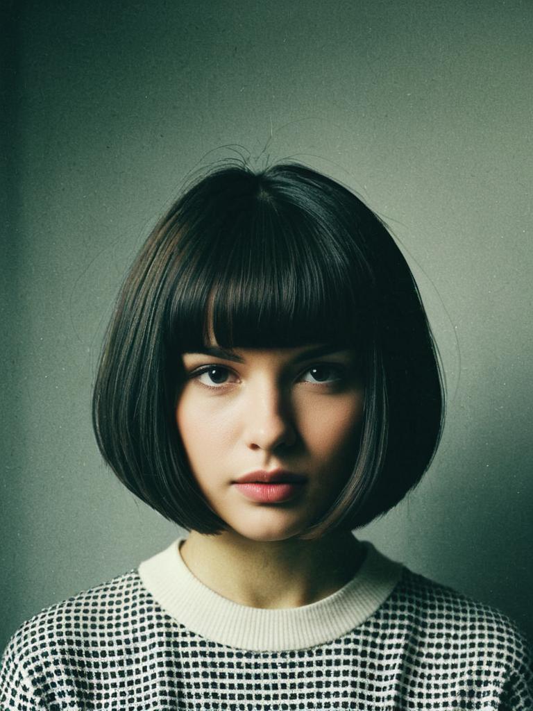 Vintage Style Portrait of Young Woman with Bob Haircut and Checkered Sweater