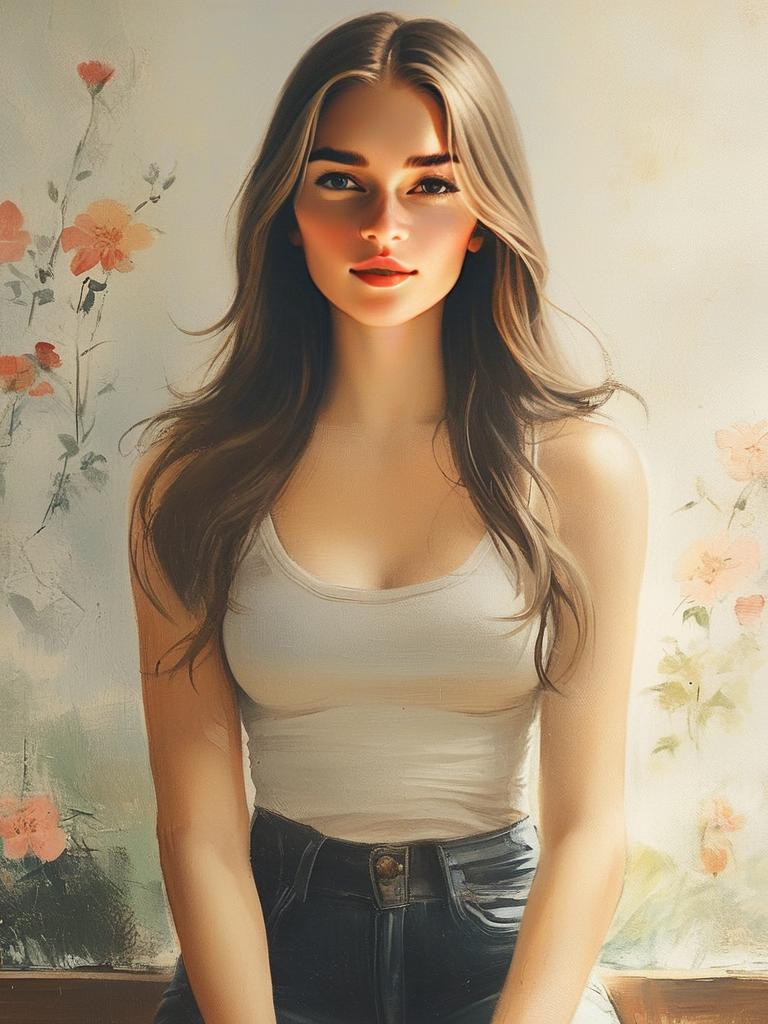 Young Woman with Floral Background