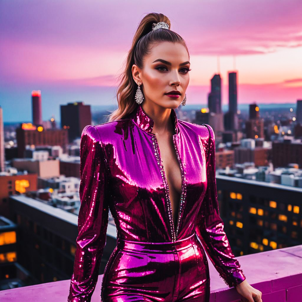 Fashionable Woman in Pink Metallic Outfit at Sunset