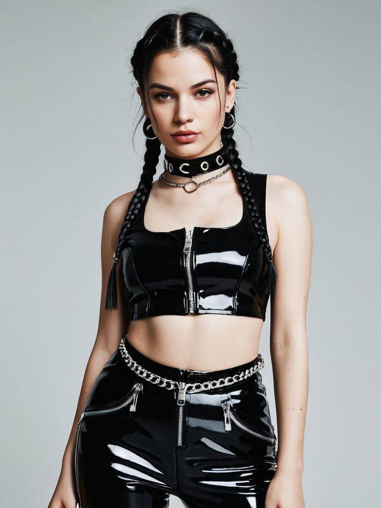 Woman in Edgy Black Glossy PVC Crop Top and Pants with Metal Zipper Streetwear