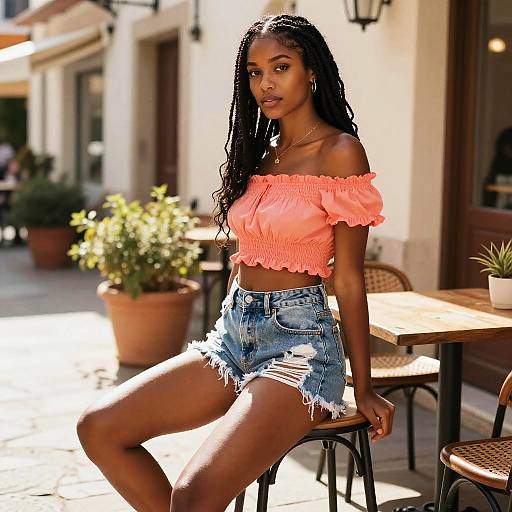 Trendy Young Woman in Coral Crop Top and Ripped Denim Shorts Outdoors