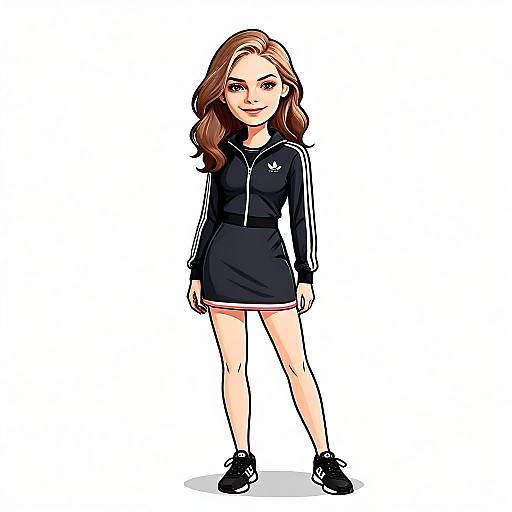 Stylish Woman in Sporty Black Jacket and Skirt Digital Illustration