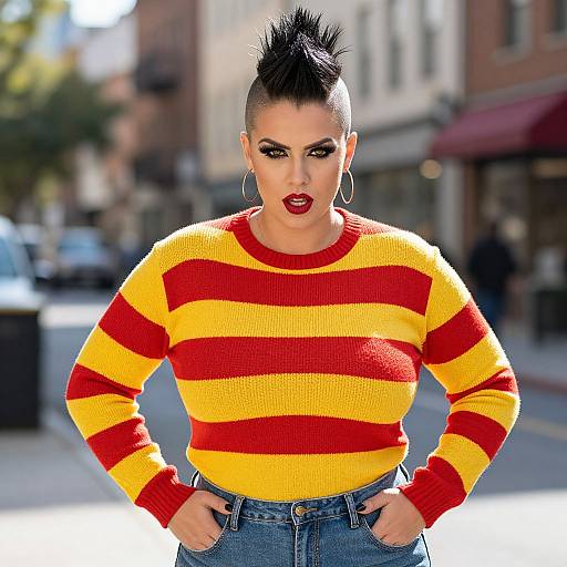 Confident Woman with Mohawk Wearing Red and Yellow Striped Sweater in Urban Setting