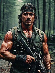 Photorealistic Cinematic Portrait of Man in Rambo First Blood Costume