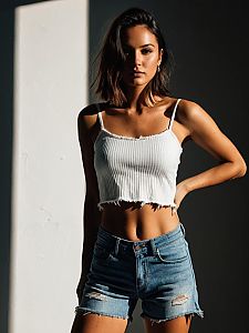 Woman Wearing Casual White Cropped Tank Top with Thin Straps and Distressed Denim Shorts