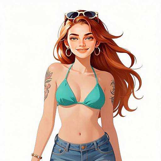 Gen Z Woman in Turquoise Bikini and Denim Shorts Digital Illustration