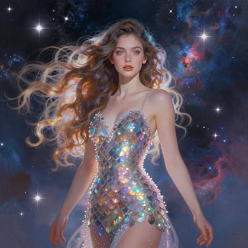 Gen Z Woman Wearing Iridescent Scale Dress in Cosmic Setting