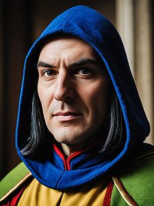Intense Portrait of Man in Blue Hooded Garment