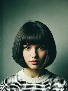Vintage Style Portrait of Young Woman with Bob Haircut and Checkered Sweater