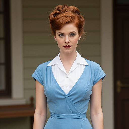Vintage 1950s Style Woman in Blue Dress with Red Hair
