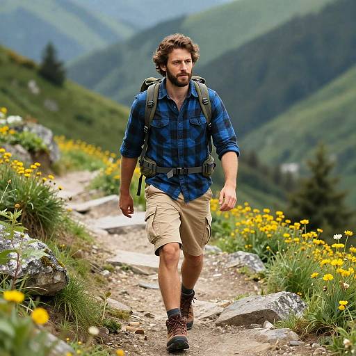 Man Hiking on Mountain Trail with Backpack and Blue Plaid Shirt