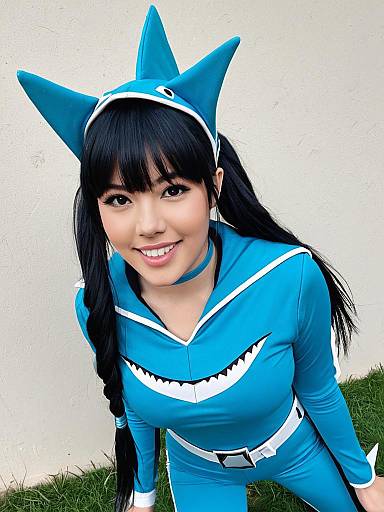 Woman in Blue Shark Cosplay Outfit with Fin Headgear