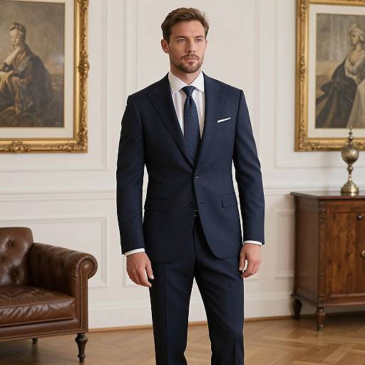 Confident Man in Navy Blue Tailored Suit in Elegant Classic Interior