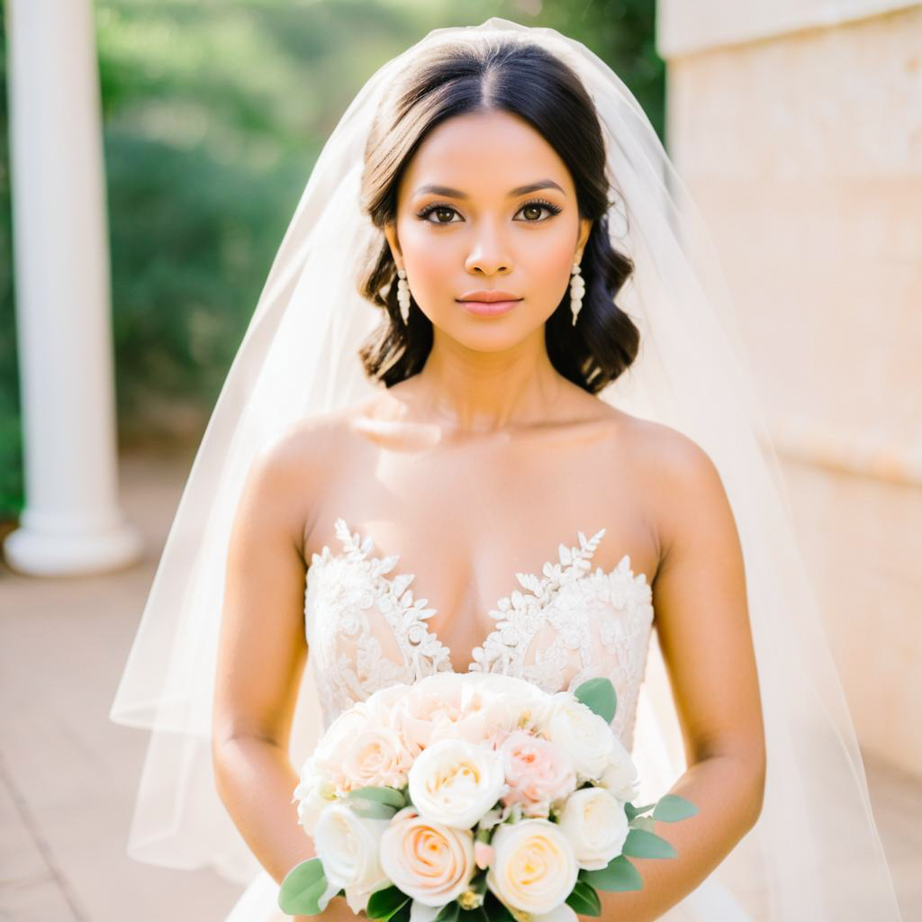 Bride in Elegant Wedding Gown with Pastel Roses