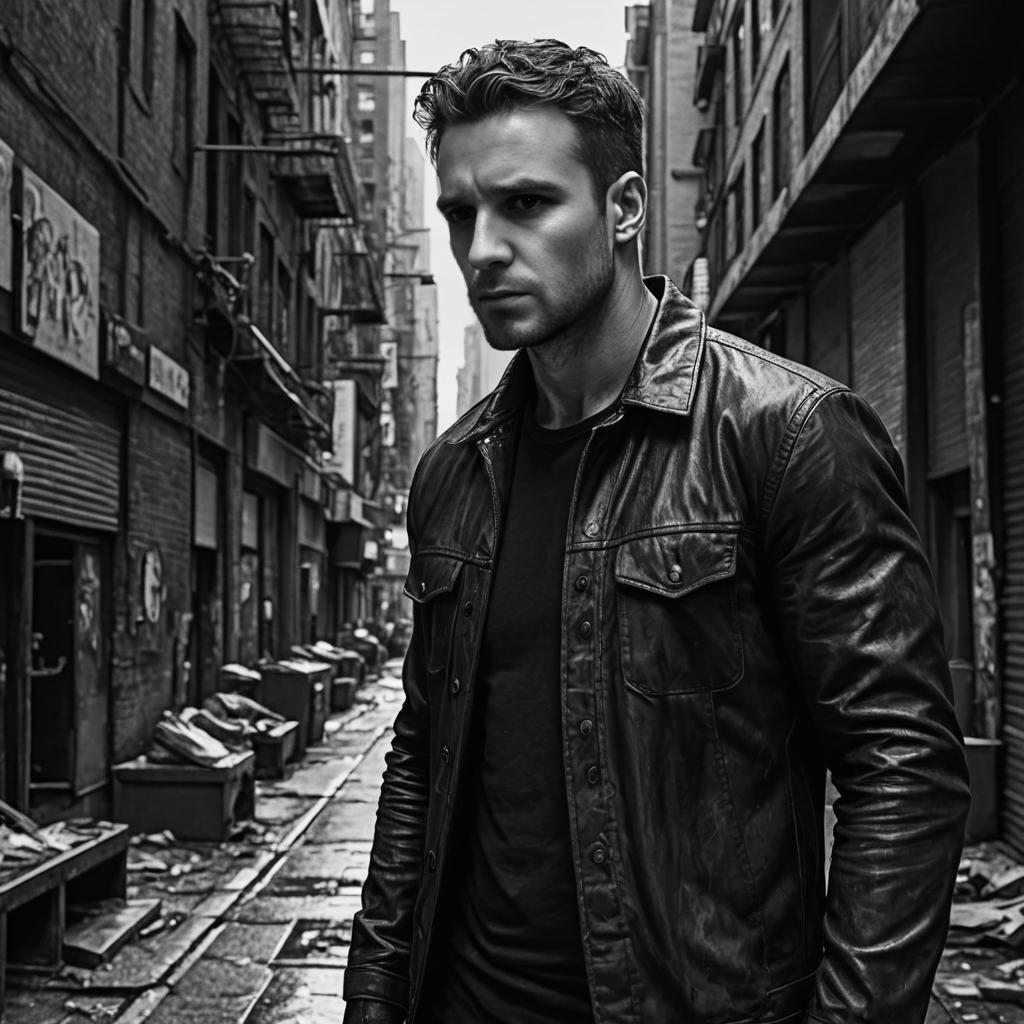 Thoughtful man in leather jacket in urban alley, noir vibe