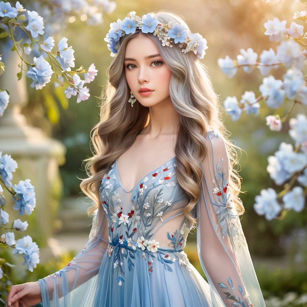 Young Woman in Blue Dress Among Light Blue Flowers