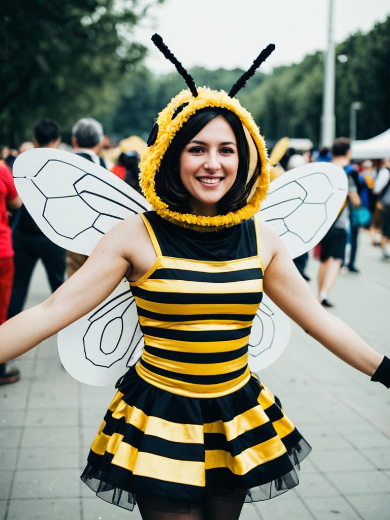 Woman in Playful Bee Dance Costume at Cosplay Festival
