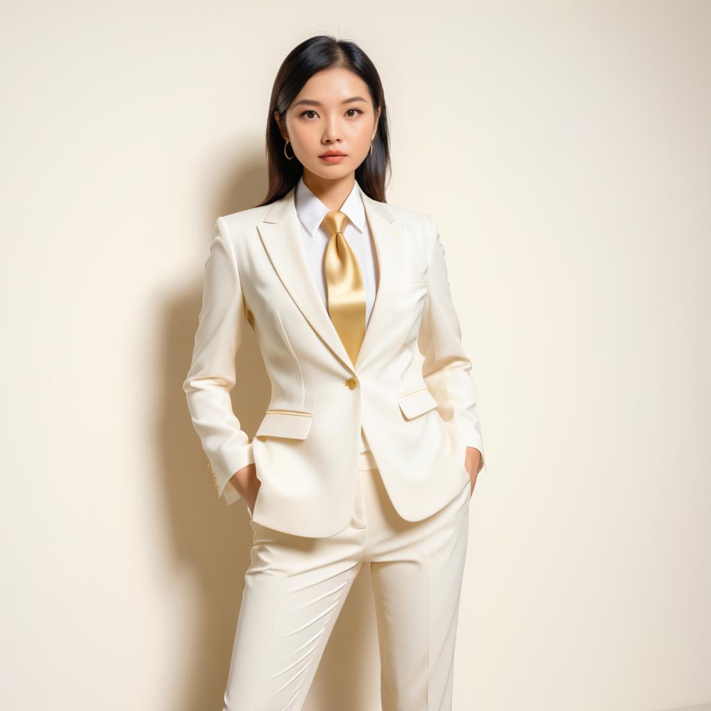 Confident Woman in Elegant Cream Suit