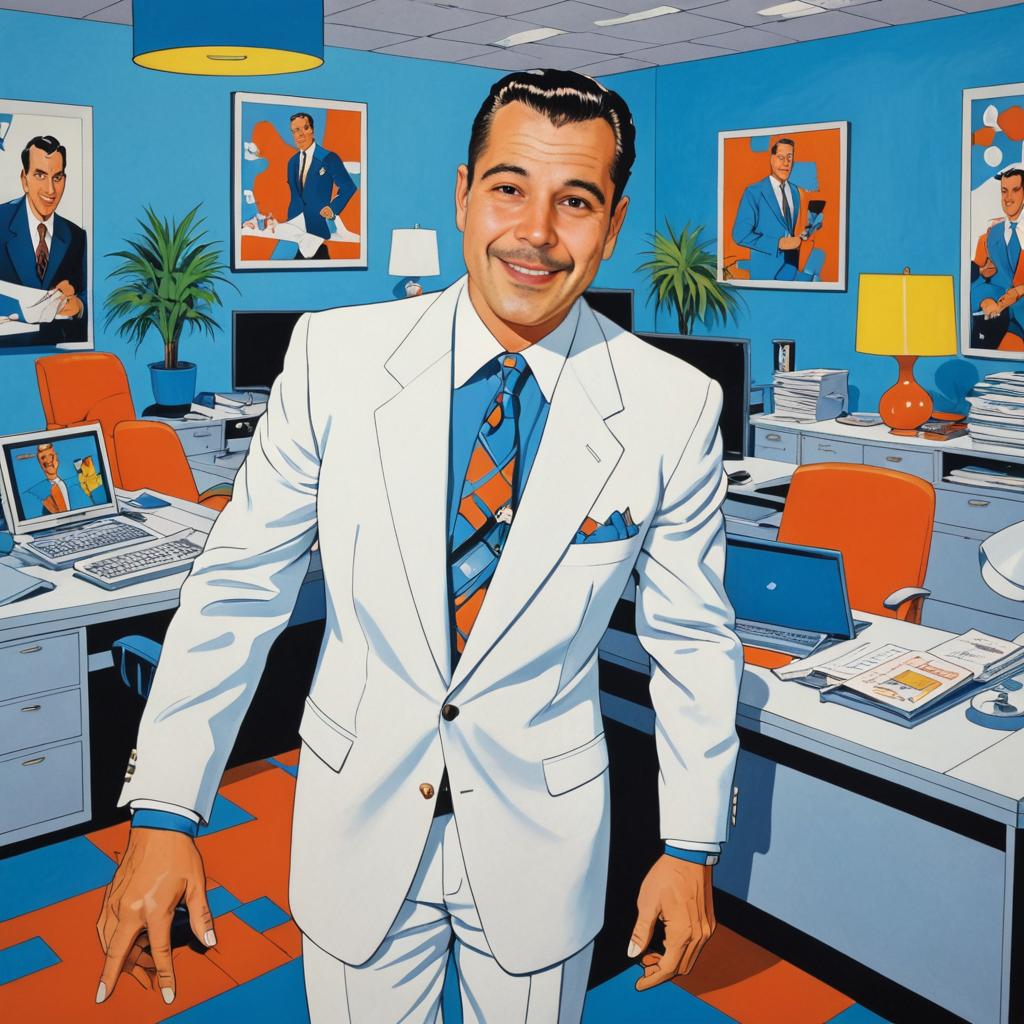 Man in white suit in office with portraits