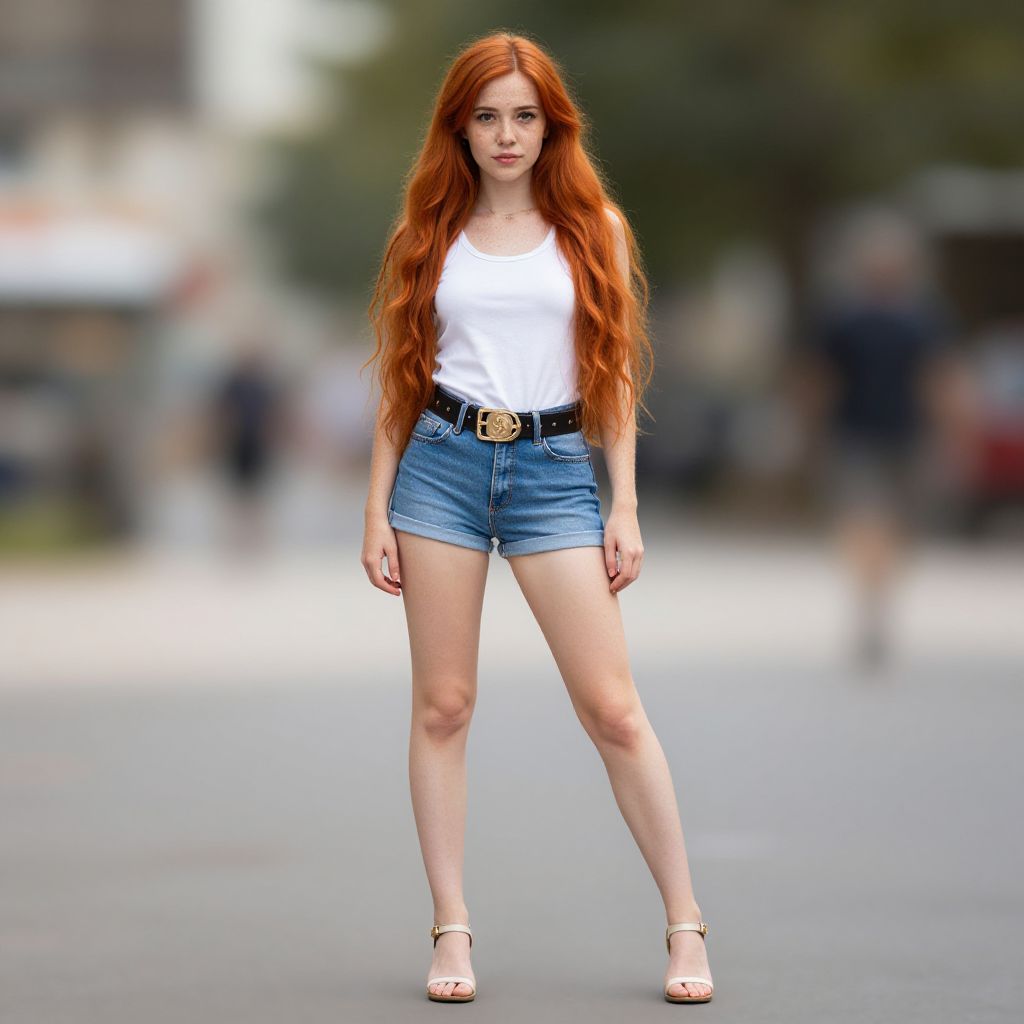 Young Woman with Long Red Hair Wearing White Top and Denim Shorts on Urban Street
