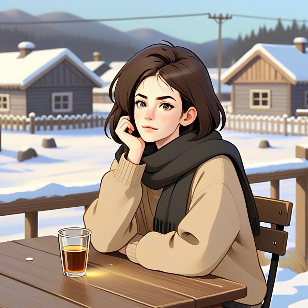 Young Woman Enjoying Winter in Cozy Snowy Village Anime Style