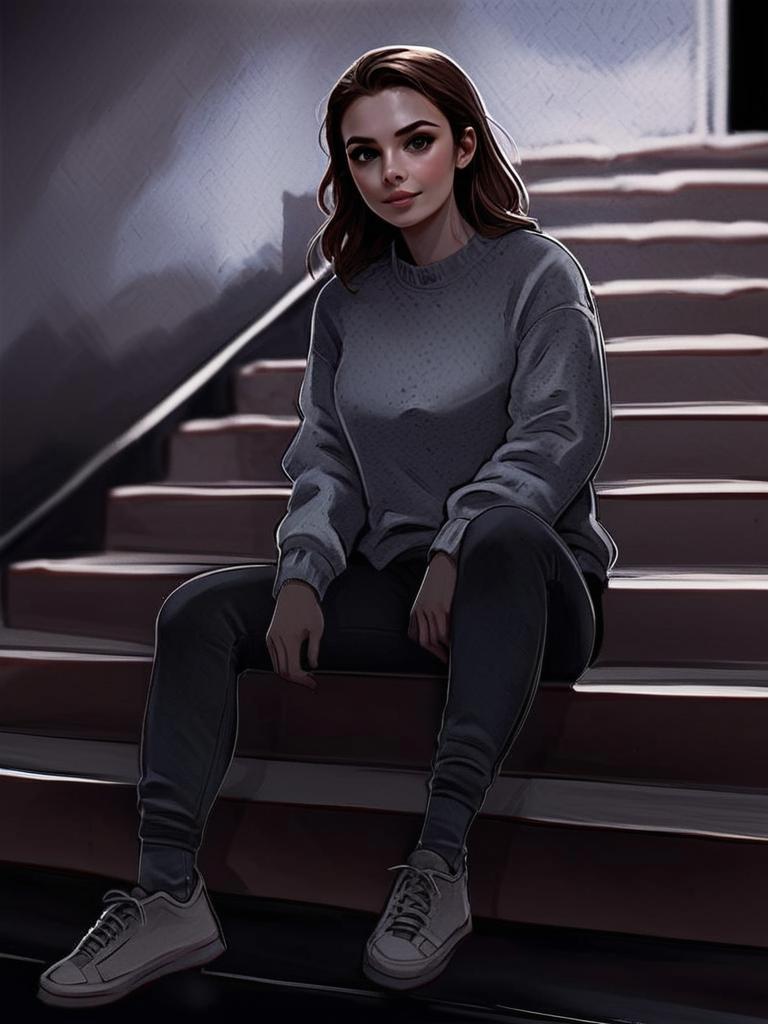 Young Woman on Stairs in Casual Attire Young Woman on Stairs in Casual Attire