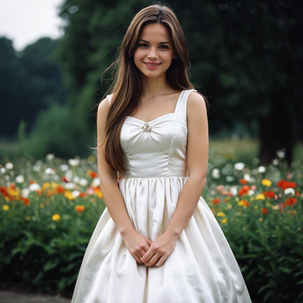 Young Woman in Elegant White Satin Princess Dress in Flower Garden