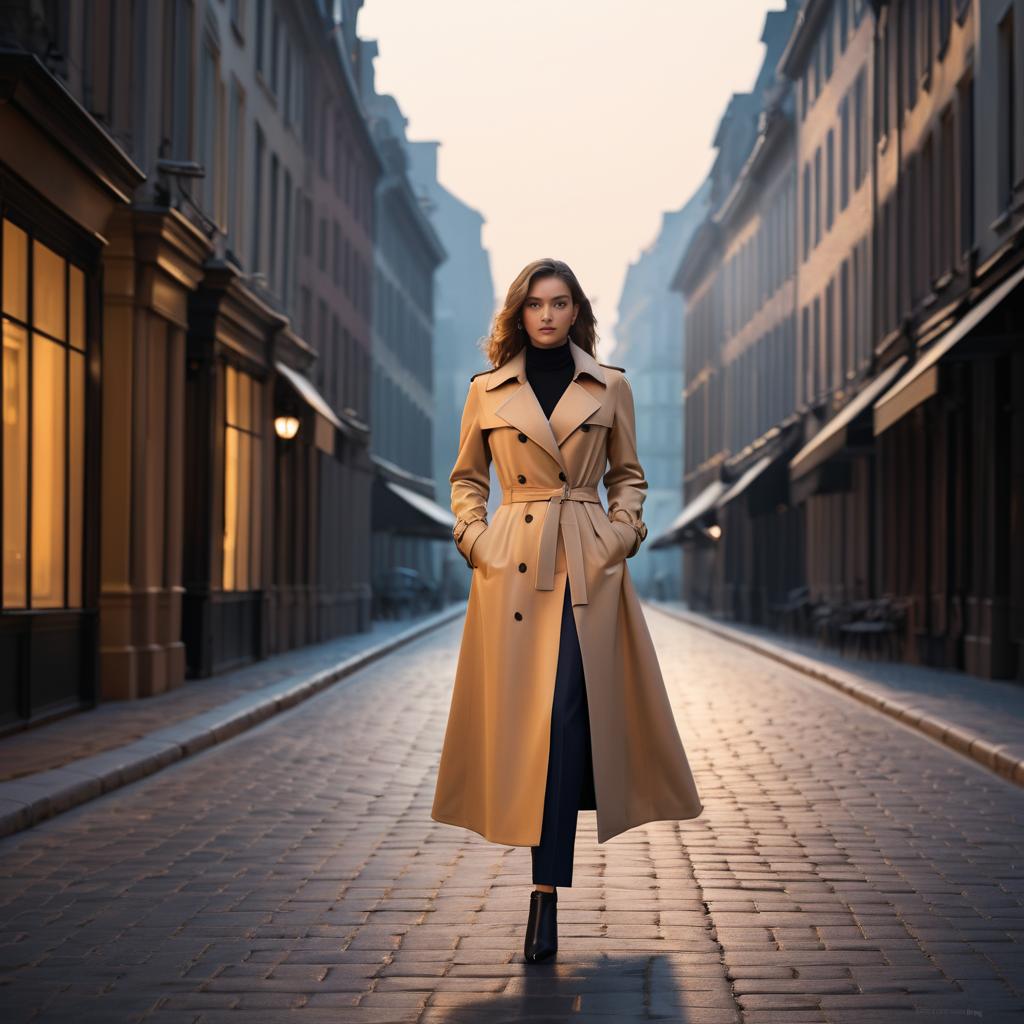 Stylish Woman in Beige Trench Coat on Cobblestone Street