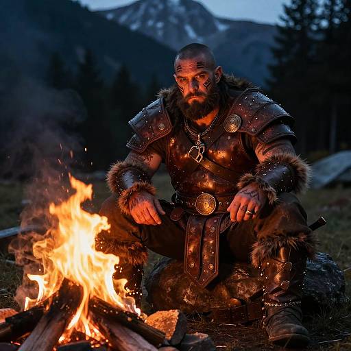 Viking Warrior Man Sitting by Campfire in Mountains at Dusk