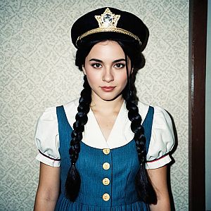 Young Woman in Vintage Style Dress Against Patterned Wall