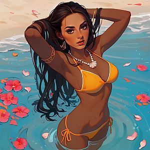 Confident Woman in Orange Bikini with Flower Petals