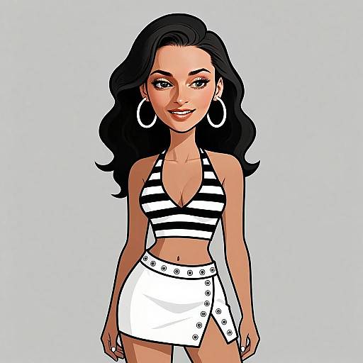 Glam Rock Woman with Black Hair in Striped Top and White Mini Skirt Illustration